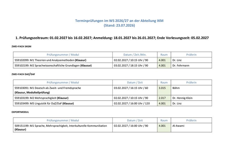 Terminprüfungen im WS 2026/27 an der Abteilung IKM