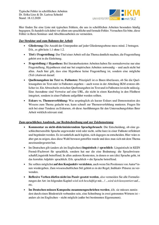 Tipps zur Vermeidung typischer Fehler bei schriftlichen Arbeiten (IKM) Tipps zur Vermeidung typischer Fehler bei schriftlichen Arbeiten (IKM)